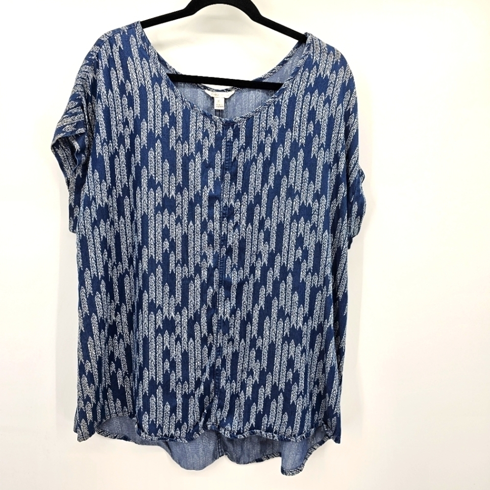 Cato Chambray Tencil Printwd Tunic Short Sleeve Top Women's Size Xl